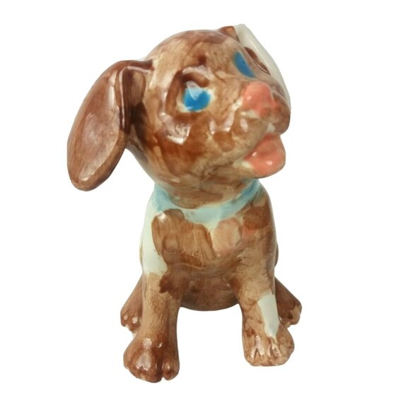 Vintage Ceramic Puppy Dog Figurine Glazed Brown White Ear Blue Eyes - Picture 1 of 8